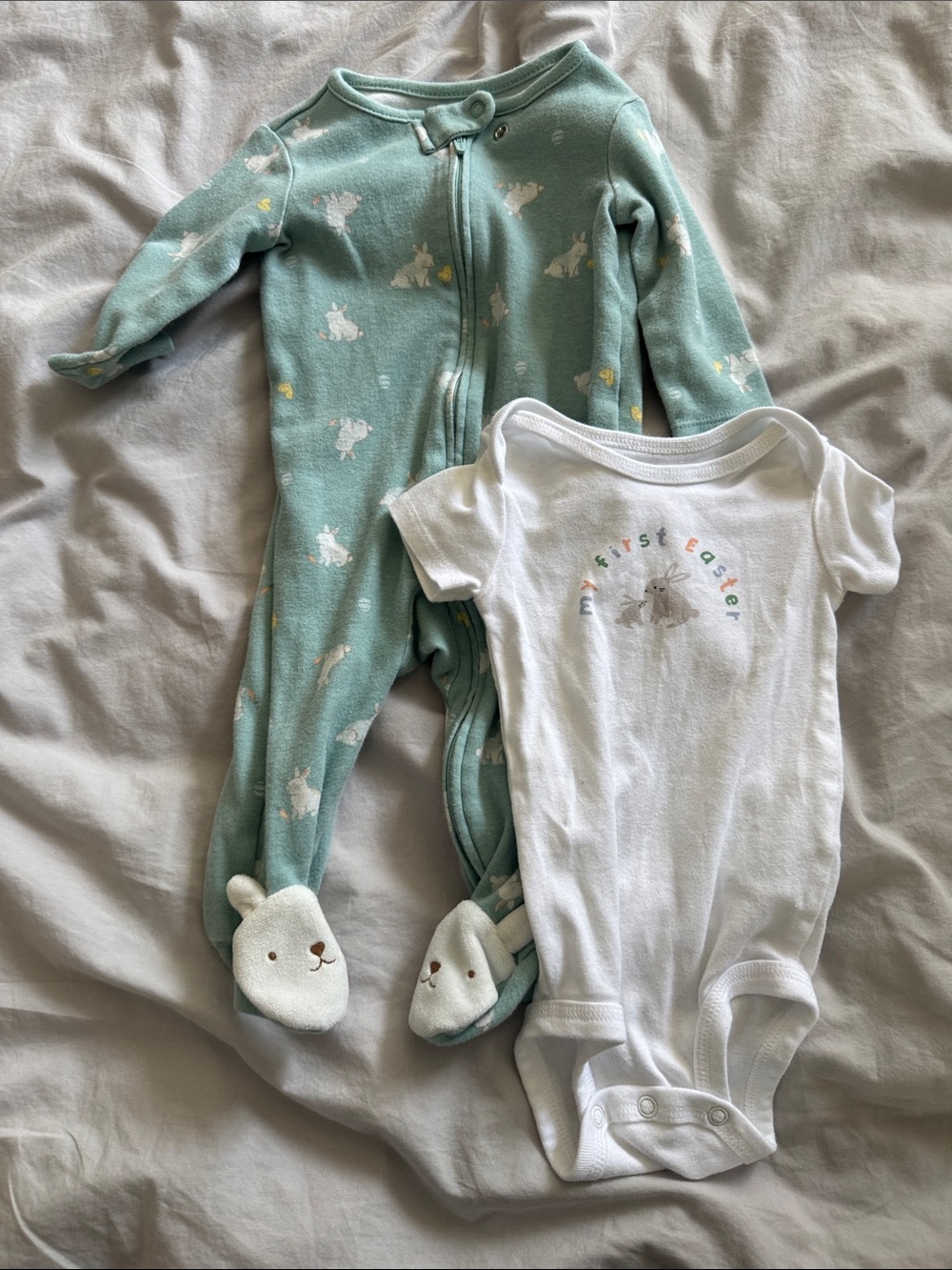 6 month Baby Easter Mint Bunny Footed One-Piece and White Bodysuit Set